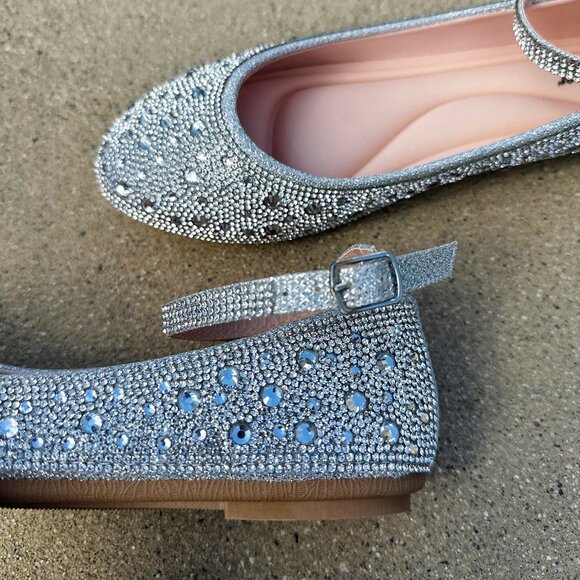 New Bling Silver Rhinestone Embellished Ankle Strap Ballet Flat Shoes Ballerina - Picture 9 of 10
